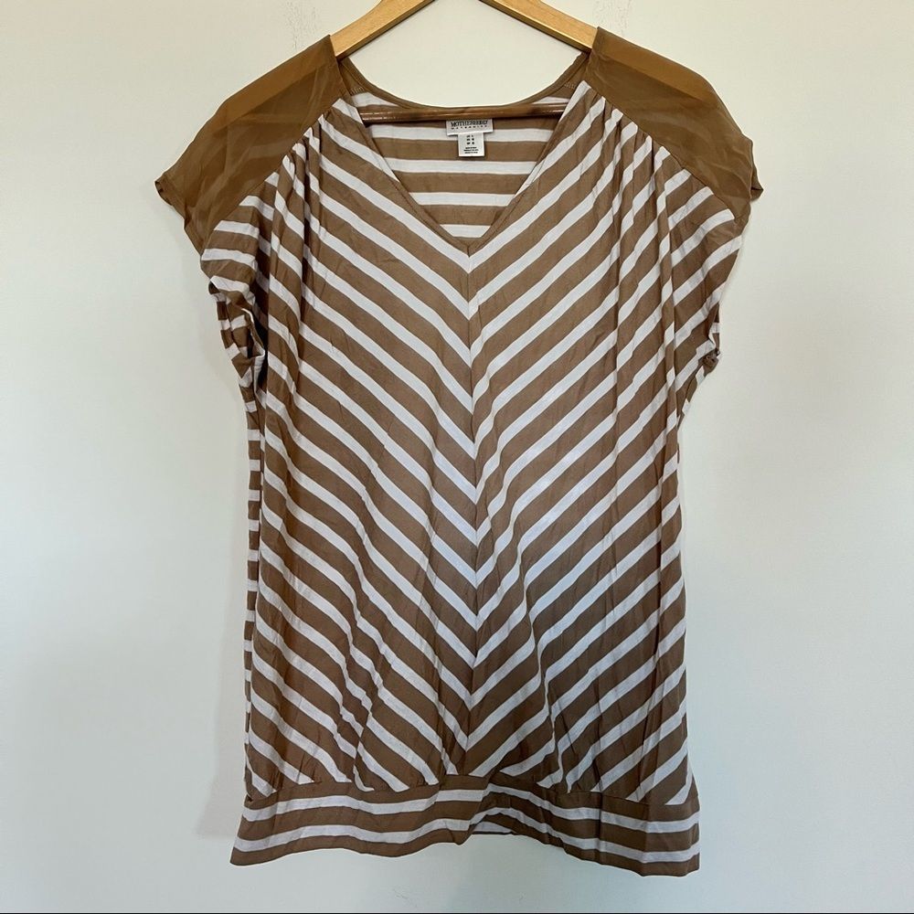 Motherhood Maternity Size L Chevron‎ Stripe Blouse V-Neck Sheer Sleeve Shirt Top